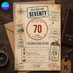 May include: A vintage-style travel-themed invitation card featuring the text DESTINATION: SEVENTY, a large number 70, and CELEBRATING PETER. The design includes a compass rose, passport stamps, a train ticket graphic, and event details for March 13, 2027.