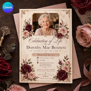 May include: A memorial service invitation card featuring a portrait of an elderly woman, floral borders with dark red and light pink roses, and text reading Celebration of Life, Dorothy Mae Bennett, November 25, 1942 – May 4, 2026.