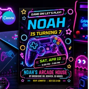 May include: A black invitation with a neon-style design for a gaming-themed birthday party. The invitation features a glowing game controller, stars, and the text "NOAH IS TURNING 7". Details include the date, time, and location.