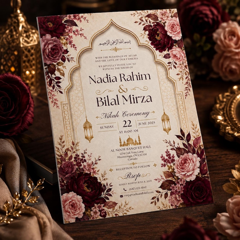 May include: A rectangular wedding invitation card featuring a cream background with an ornate gold arch frame, decorated with deep burgundy and soft pink roses. The text includes the names Nadia Rahim and Bilal Mirza for a Nikah ceremony.