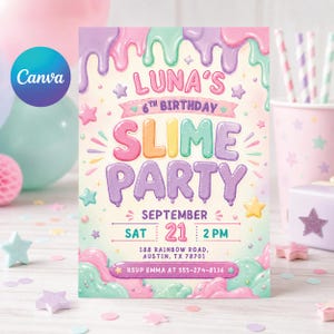 Slime Party födelsedagsinbjudan: Redigerbar digital mall (utskrivbar och mobil Evite)
