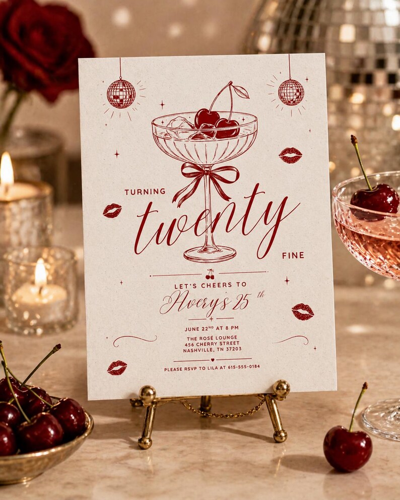 May include: A party invitation card with a cocktail illustration, cherries, and the text "Turning twenty fine". The invitation is on a small gold stand, with cherries and a glass of cocktail in the background.