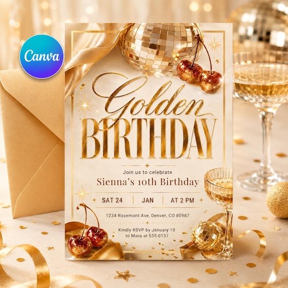 Golden Birthday Invitation Gold Glitter Birthday Invitation Golden Birthday Invite for Girl 10th Birthday Invitation, Glam Glitter Invite