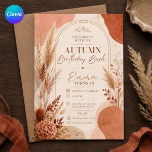 Pode incluir: Um convite de aniversário retangular com fundo creme, formas de terracota em aguarela, erva das pampas e flores secas. O texto diz: Celebrate with us, Autumn Birthday Bash, Emma turns 10, Sunday, October 12, 4:30 PM, The Willow Garden, 456 Harvest Road, Dinner, Cake & Fun, RSVP by October 1.