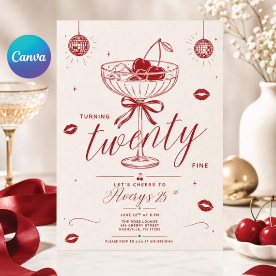 Turning Twenty Fine Birthday Invitation Template | 25th Birthday Invite | Editable Canva Birthday Invitation | Printable 5x7