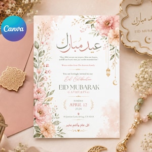 Puede incluir: Una tarjeta de invitación para Eid Mubarak, con diseños florales en acuarela en rosa y melocotón. La tarjeta incluye caligrafía árabe y texto en inglés, con la fecha 12 de abril de 2026 y la dirección 88 Jasmine Lane, Irving, CA 92618.