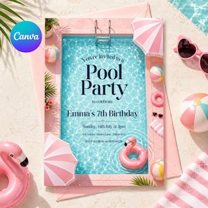 Könnte beinhalten: Eine rosa Poolparty-Einladung mit dem Text "Du bist zu einer Poolparty eingeladen, um Emmas 7. Geburtstag zu feiern". Die Einladung enthält eine Poolgrafik, einen rosa Flamingo-Schwimmer und Strandbälle. Datum: Sonntag, 14. Juli um 15 Uhr.
