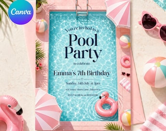 Modèle d'Invitation de fête d'anniversaire à la piscine, invitation d'anniversaire de bain lunatique dessinés à la main, coquette noeud rose fête d'anniversaire d'été à la piscine