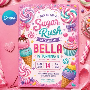 Puede incluir: Una invitación rosa con temática de dulces, con piruletas, conos de helado y cupcakes. El texto dice "Sugar Rush" e invita a los invitados a celebrar el 8º cumpleaños de Bella el 14 de abril.