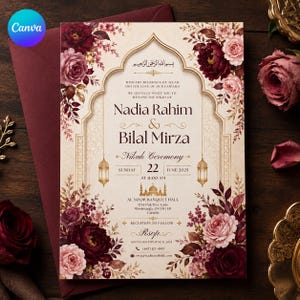 May include: A rectangular wedding invitation card featuring a cream background with an arched frame, decorated with deep burgundy and soft pink floral arrangements. The text includes the names Nadia Rahim and Bilal Mirza, date, and venue details.