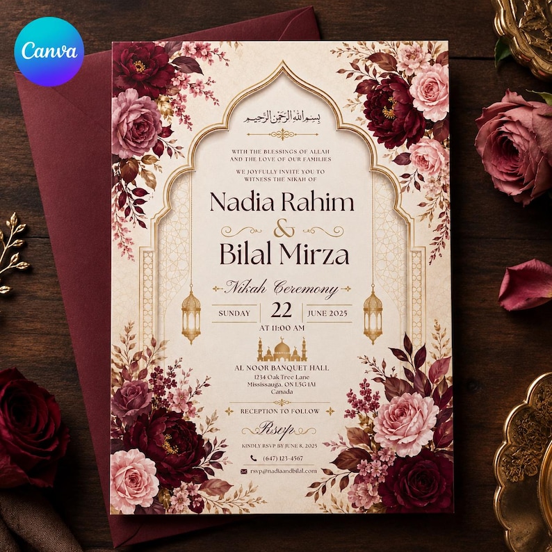 May include: A rectangular wedding invitation card featuring a cream background with an arched frame, decorated with deep burgundy and soft pink floral arrangements. The text includes the names Nadia Rahim and Bilal Mirza, date, and venue details.