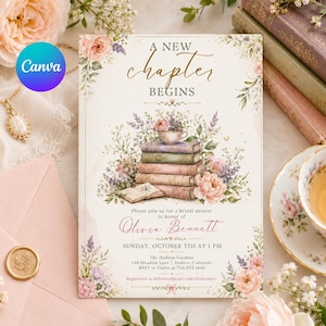 Può includere: Invito per addio al nubilato con illustrazioni floreali e di libri. L'invito presenta il testo "A New Chapter Begins" in elegante scrittura. Il design include una pila di libri, fiori e una tazza da tè, con il nome "Olivia Bennett".