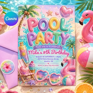 Könnte beinhalten: Eine farbenfrohe Poolparty-Einladung mit dem Text "POOL PARTY" und "Mila's 8th Birthday". Das Design umfasst eine Strandszene mit Palmen, Flamingos und Sonnenbrillen. Ein rosa Umschlag und Aufkleber sind ebenfalls sichtbar.