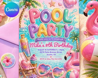May include: A colorful pool party invitation with the text "POOL PARTY" and "Mila's 8th Birthday". The design includes a beach scene with palm trees, flamingos, and sunglasses. A pink envelope and sticker are also visible.