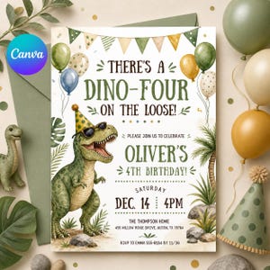 Può includere: Un invito di compleanno a tema dinosauri. L'invito presenta un dinosauro verde con occhiali da sole e un cappello da festa. Il testo include "There's a Dino-Four on the Loose!" e i dettagli del 4° compleanno di Oliver.
