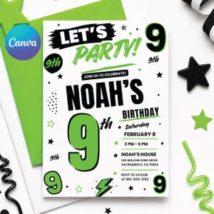 Puede incluir: Una invitación de fiesta de cumpleaños blanca con detalles en verde y negro. La invitación dice "Let's Party!" e incluye el nombre "Noah's" y el número "9". Detalles adicionales incluyen la fecha, hora y lugar.