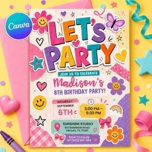 Puede incluir: Una colorida invitación de cumpleaños con las palabras "LET'S PARTY" en letras grandes y divertidas. La invitación incluye detalles para el 8º cumpleaños de Madison, con fecha, hora y lugar. Los elementos decorativos incluyen flores, estrellas, corazones y una mariposa.
