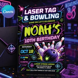 Może przedstawiać: Żywe zaproszenie na imprezę Laser Tag i Bowling, z tekstem "LASER TAG & BOWLING" i "NOAH'S 10TH BIRTHAY". Projekt zawiera kulę do kręgli, kręgle i szczegóły wydarzenia w neonowych kolorach.