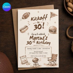 May include: A cream-colored birthday invitation card featuring brown hand-drawn illustrations of a football, hot dog, burger, chips, grill, and folding chair. The text reads Kickoff to 30! Join us to celebrate Marcus's 30th Birthday on October 3, 2026.