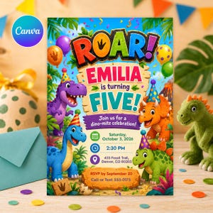 Dinosaur 4th Birthday Invite Boy, Dino Four  Invitation, TRex Birthday Party Invitation, Five A-Saurus Birthday, Dino Party Canva template