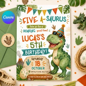 May include: A colorful birthday invitation with a dinosaur theme. The invitation features the text "FIVE A-SAURUS" and "LUCAS'S 5TH BIRTHDAY!" along with a cartoon dinosaur wearing sunglasses and a party hat. The date is October 18th.