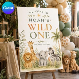 May include: A rectangular welcome sign featuring the text "WELCOME TO NOAH'S WILD ONE" and "SEPTEMBER 13, 2027". The design includes watercolour illustrations of a lion, a giraffe, an elephant, and a zebra surrounded by green foliage and palm trees.