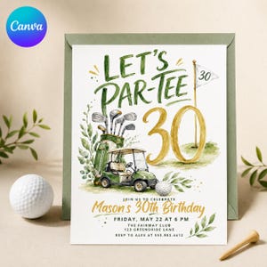 May include: A rectangular birthday invitation card featuring watercolor illustrations of a golf bag, clubs, a golf cart, and a flag with the number 30. The text reads LET'S PAR-TEE 30, Mason's 30th Birthday, Friday, May 22 at 6 PM, The Fairway Club.