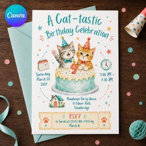 May include: A birthday invitation card featuring two kittens wearing party hats behind a cake with a number nine candle. Text reads: A Cat-tastic Birthday Celebration, Saturday March 20 2027, 5:00 PM - 7:30 PM, Moonbeam Party House, 15 Clover Path, Stonebridge, RSVP to Sarah at (555) 900-4452 by March 10.