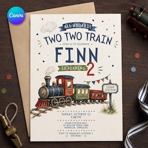 Könnte beinhalten: Eine Geburtstagseinladungskarte mit einer Aquarellillustration eines Dampfzuges auf Schienen, mit dem Text ALL ABOARD! TWO TWO TRAIN, FINN IS TURNING 2, sowie Veranstaltungsdetails wie Cedar Station Hall, 52 Willow Track Lane, Franklin, Tennessee.