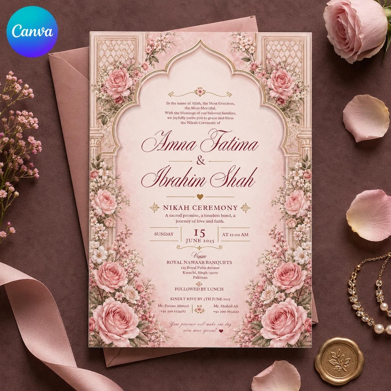 May include: A rectangular wedding invitation card in soft pink with an arched frame, featuring floral illustrations of pink roses and white blossoms. The text includes the names Amna Fatima and Ibrahim Shah, with details for a Nikah ceremony on June 15, 2025.