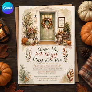 Puede incluir: Una tarjeta de invitación impresa con una ilustración en acuarela de una puerta principal con una corona, calabazas y follaje. El texto dice: Come In, Get Cozy Stay for Pie, Hosted by Priya & friends, Saturday, November 21, 2026, 5:30 PM, Willow & Pine Studio, 311 Harvest Road, Brookfield, RSVP by November 13, (555) 014-1287.