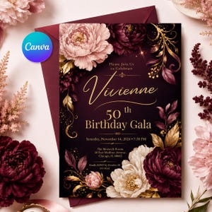 Puede incluir: Una tarjeta de invitaci&oacute;n de cumplea&ntilde;os rectangular con fondo burdeos oscuro y texto dorado en cursiva que dice Vivienne 50th Birthday Gala, Saturday, November 14, 2026, 7:30 PM, The Monarch Room, 18 East Madison Avenue, Chicago, IL 60602, RSVP October 28.