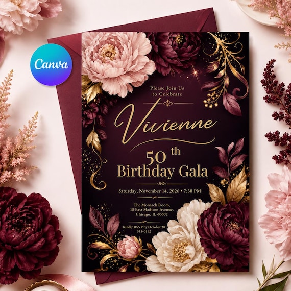 Elegant 50th Birthday Gala Invitation, Burgundy Gold Floral Canva Template, Editable Milestone Party Invite