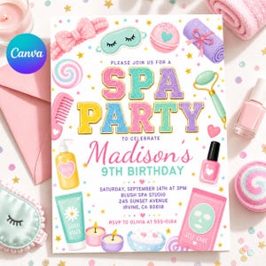 May include: Spa party invitation with a colorful design. The invitation features the text "Spa Party" in large, glittery letters, along with spa-themed illustrations like a face mask, nail polish, and a jade roller. The invitation is for Madison's 9th birthday.