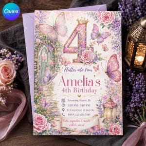 Butterfly 4th Birthday Invitation, Flutter Into Four Floral Garden Party Invite for Girls, Editable Printable Canva Template