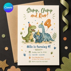 May include: A birthday invitation card featuring three watercolor dinosaurs wearing party hats. The text reads Stomp, Chomp and Roar! Milo is turning 4! with event details including Sunday, June 14, 2026, 1:00 PM - 3:30 PM, Fern Meadow Park, and RSVP to Dad 555-332-6081.