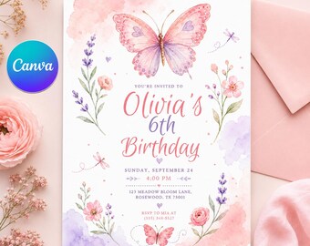 Butterfly Birthday Invitation Girl, Pink Purple Floral 6th Birthday Editable Printable Canva Template