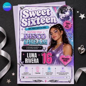 以下が含まれることがあります： ディスコボール、紫色のトップスを着た人物、そして「Disco Dream」、「Luna Rivera」、「16」、「Saturday, November 14, 2026」、「7:30 PM」、「Studio Nova Event Loft」、「802 Sunset Boulevard」などのテキストが記載された16歳の誕生日招待状フライヤー。