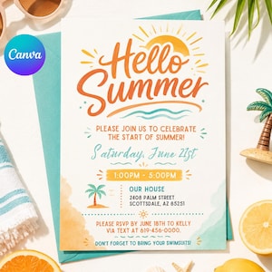 May include: A white invitation card with the words "Hello Summer" in orange and yellow, with a sun illustration. The card includes event details: date, time, and location. The invitation is on a teal envelope, with a beach theme.