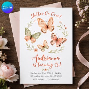 Könnte beinhalten: Eine weiße rechteckige Einladungskarte mit Aquarell-Schmetterlingen in Pfirsich- und Salbeigrüntönen, mit dem Text Flutter On Over! Audrianna is turning 5! Sunday, April 26, 2026, 1:00 PM, 123 Meadow Street, Any City, ST 12345, RSVP by April 7, 555-881-6402.