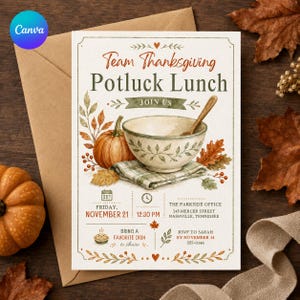 Peut inclure: Une carte d'invitation pour un déjeuner de Thanksgiving avec une illustration aquarelle d'une citrouille, d'un bol avec une cuillère en bois et des feuilles d'automne. Le texte indique Team Thanksgiving Potluck Lunch, Join Us, 21 novembre, 12h30.