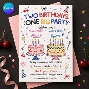 May include: A white birthday invitation card with hand-drawn illustrations of two cakes, cherries, party hats, and bows. The text reads: Two Birthdays: One Big Party, Celebrating Mia's 30th and Lucas's 35th, Friday, November 6, 2026, 7:00 PM, The Copper Room.