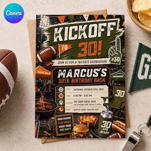 May include: A football-themed 30th birthday party invitation card featuring the text KICKOFF TO 30, MARCUS'S 30TH BIRTHDAY BASH, and event details including date, time, location, and RSVP. The design includes a football, grill, and snacks.