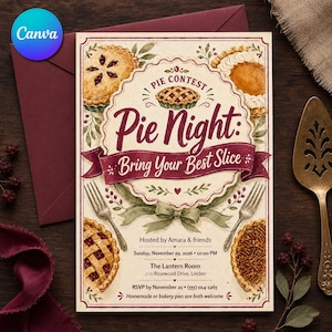 May include: A rectangular invitation card for a Pie Night contest featuring illustrations of various pies, forks, and a green ribbon. The text reads: Pie Night: Bring Your Best Slice, Hosted by Amara & friends, Sunday, November 29, 2026, 12:00 PM.