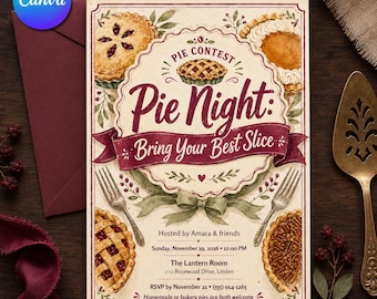 May include: A rectangular invitation card for a Pie Night contest featuring illustrations of various pies, forks, and a green ribbon. The text reads: Pie Night: Bring Your Best Slice, Hosted by Amara & friends, Sunday, November 29, 2026, 12:00 PM.