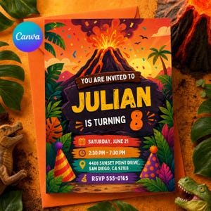 Invitación de cumpleaños con temática volcánica, plantilla editable de explosión de lava (invitación digital)