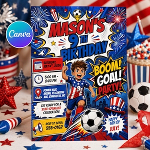 Peut inclure: Une carte d'invitation d'anniversaire sur le thème du football aux couleurs rouge, blanc et bleu. Elle affiche le texte Mason's 9th Birthday, Boom! Goal! Party!, ainsi que les détails pour le 4 juillet 2026 à Power Kick Arena, Charlotte, NC.
