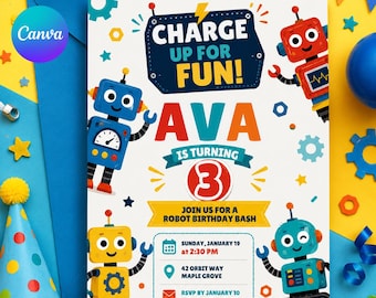 Roboter-Geburtstags-Einladung, Roboter-Party einladen, Junge Geburtstags-Roboter einladen, 4. Geburtstags-Party Einladung, Roboter-Party-Ideen, bearbeitbare Canva