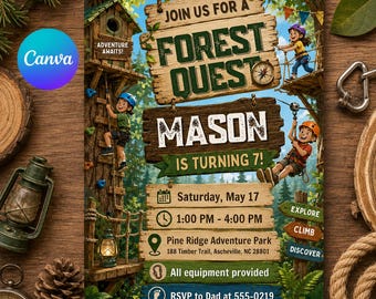 Forest Quest 7th Birthday Invitation, Adventure Park and Woodland Party Invite, Editable Outdoor Template