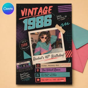 Puede incluir: Una invitación de cumpleaños de temática vintage con fondo negro. El diseño presenta el texto "VINTAGE 1986" en naranja y turquesa, una foto de una niña con gafas de sol y detalles para una fiesta de 40 cumpleaños.